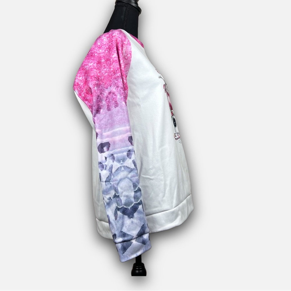 Festive Snowman Wine Glass Sweatshirt – White & Pink Trim – Size Large - Picture 4 of 11